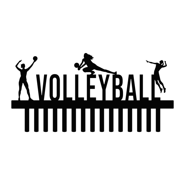 Black steel medal holder featuring the word 'Volleyball' and silhouettes of three female players in action poses, with 15 hooks for medals.